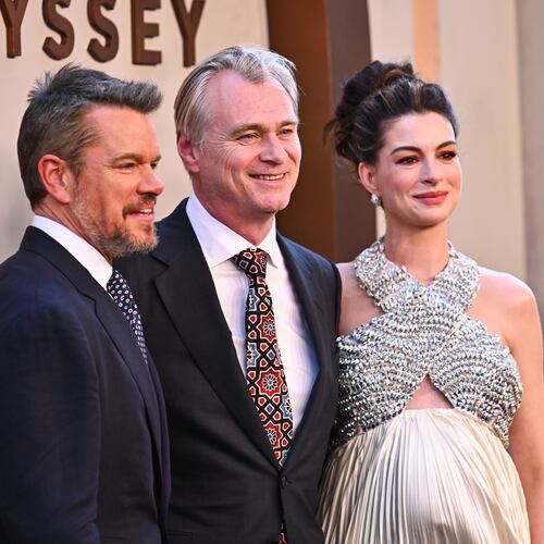 Matt Damon, from left, director Christopher Nolan, and Anne Hathaway attend the premiere of "The Odyssey" at AMC Lincoln Square on Tuesday, July 14, 2026, in New York. (Photo by Evan Agostini/Invision/AP)
