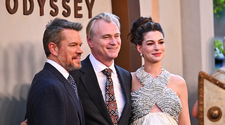 Matt Damon, from left, director Christopher Nolan, and Anne Hathaway attend the premiere of "The Odyssey" at AMC Lincoln Square on Tuesday, July 14, 2026, in New York. (Photo by Evan Agostini/Invision/AP)