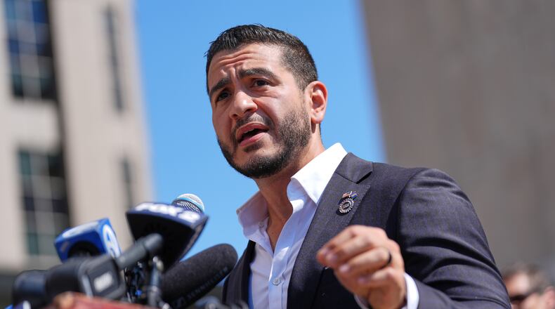 Abdul El-Sayed speaks during a news conference at the Spirit of Detroit shortly after winning the Democratic nomination for U.S. Senate in Michigan, Wednesday, Aug. 5, 2026, in Detroit. (AP Photo/Julia Demaree Nikhinson)