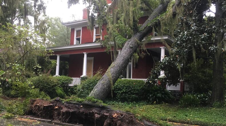 A huge water oak came down on this house in Midtown Savannah. Photo: Jennifer Brett, jbrett@ajc.com