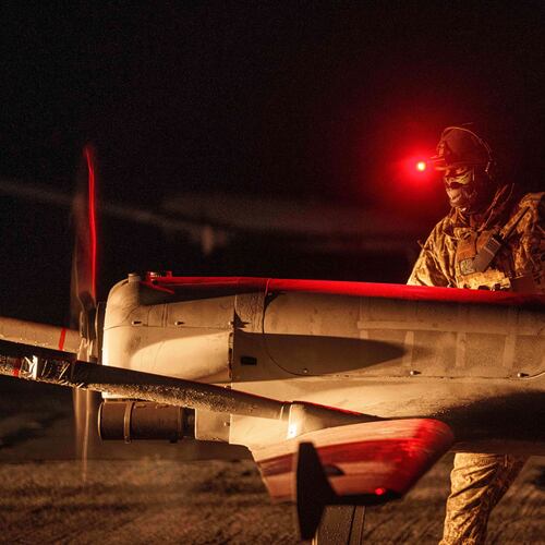 FILE - A Ukrainian serviceman of the 14th Separate Unmanned Aerial Systems Regiment prepares a long-range drone An-196 Liutyi before takeoff in undisclosed location, Ukraine, Tuesday, Oct. 14, 2025. (AP Photo/Evgeniy Maloletka, File)