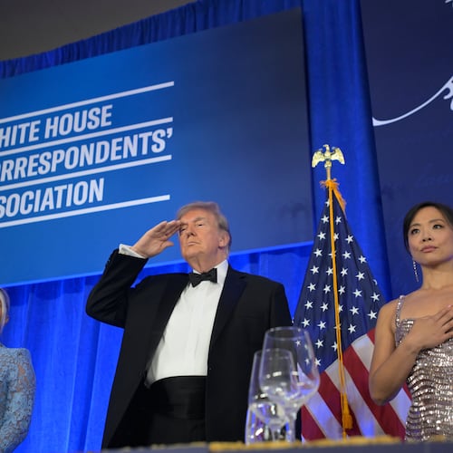 President Donald Trump attends the White House Correspondents' Association Dinner, at the Waldorf Astoria Washington DC, Friday, July 24, 2026, in Washington, with with WHCA president Weijia Jiang, right and White House press secretary Karoline Leavitt. (AP Photo/Rod Lamkey, Jr.)