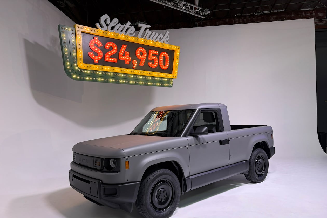 The Slate Truck is a rear-wheel-drive EV with a 205-mile range that can be transformed from a two-seat pickup into a five-seat SUV. Standard equipment, however, does not incude a center armrest or a radio. (Courtesy of Eric Brandt/Cox Automotive)