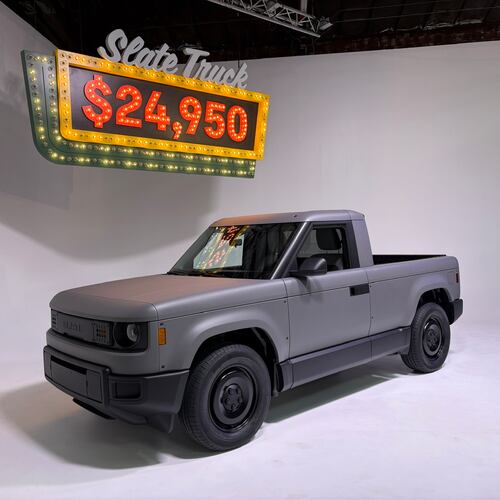 The Slate Truck is a rear-wheel-drive EV with a 205-mile range that can be transformed from a two-seat pickup into a five-seat SUV. Standard equipment, however, does not incude a center armrest or a radio. (Courtesy of Slate)