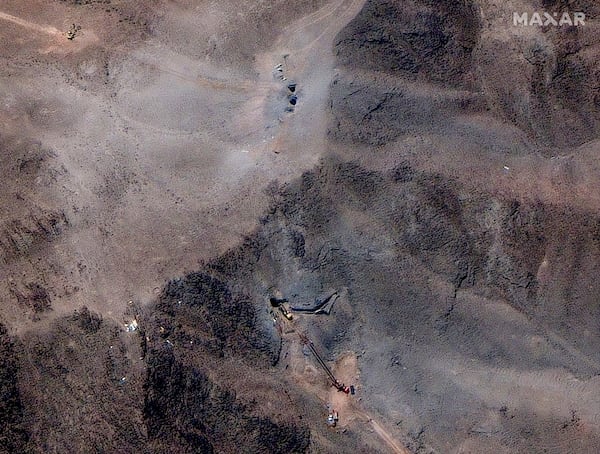This satellite image provided by Maxar Technologies shows closer view of activity at ventilation shaft at Fordo enrichment facility in Iran on June 29, 2025. (Maxar Technologies via AP)