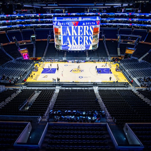 FILE - Crypto Arena is viewed before a Los Angeles Lakers NBA basketball game against the Memphis Grizzlies, Jan. 4, 2026, in Los Angeles. (AP Photo/Ethan Swope, File)