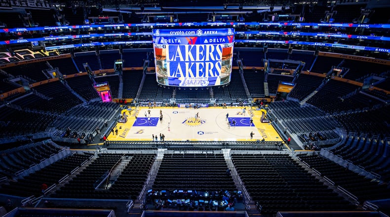 FILE - Crypto Arena is viewed before a Los Angeles Lakers NBA basketball game against the Memphis Grizzlies, Jan. 4, 2026, in Los Angeles. (AP Photo/Ethan Swope, File)