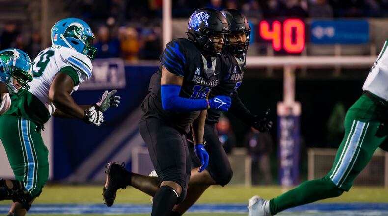 Memphis defensive lineman Morris Joseph (foreground) announced his decision to transfer to Georgia Tech. He is pictured playing for Memphis against Tulane on Nov. 27. (University of Memphis Athletics)