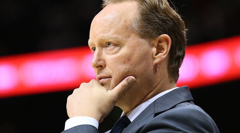 Hawks head coach Mike Budenholzer during the fourth period in the home opener against the Wizards in their NBA basketball game at Philips Arena on Thursday, Oct. 27, 2016, in Atlanta. Curtis Compton /ccompton@ajc.com