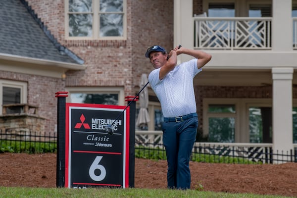 Stephen Ames tees off at the Mitsubishi Electric Classic, April 26, 2026, at TPC Sugarloaf. Ames finished second.  Photo David King,