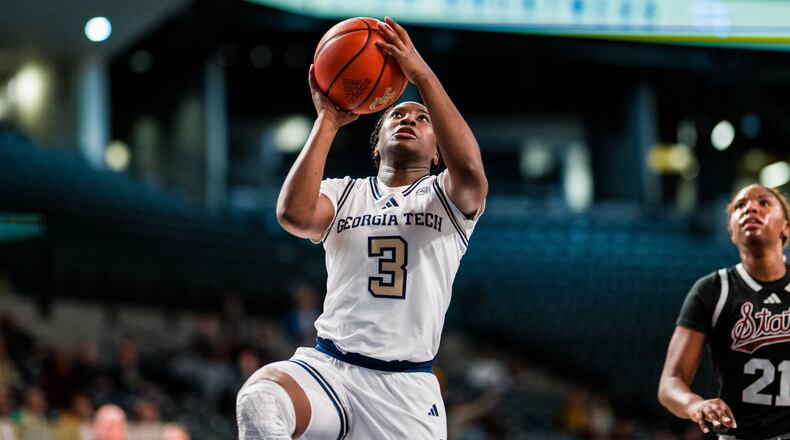 Freshman Dani Carnegie of Georgia Tech drives to the basketball against Mississippi State on Dec. 4, 2024 at McCamish Pavilion in Atlanta. (Photo by Danny Karnik/Georgia Tech Athletics)