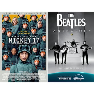 This combination of images shows promotional art for "Mickey 17," left, "The Beatles Anthology," center, and "Left Handed Girl." (Warner Bros. Pictures/Disney+/Netflix via AP)