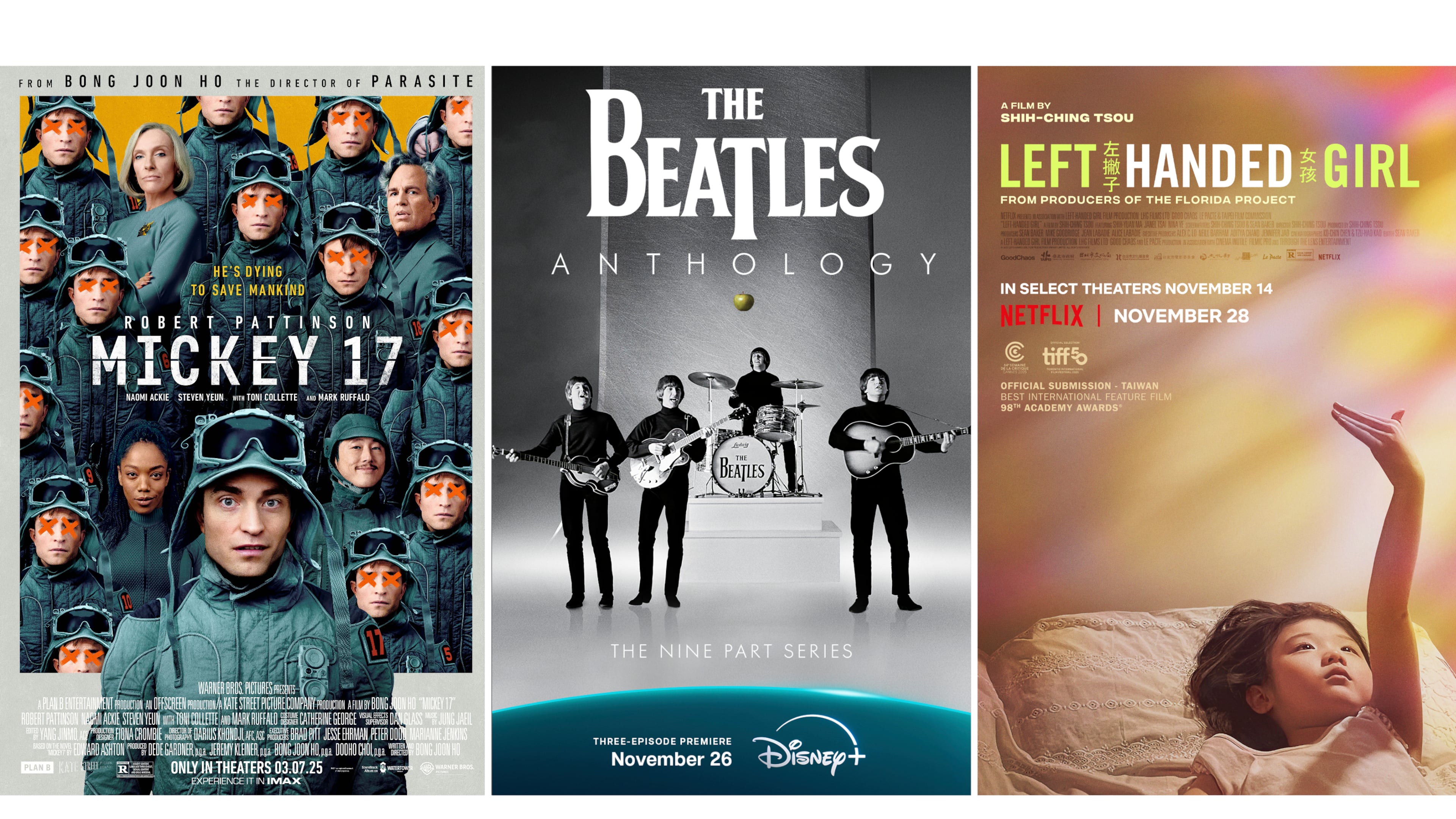 This combination of images shows promotional art for "Mickey 17," left, "The Beatles Anthology," center, and "Left Handed Girl." (Warner Bros. Pictures/Disney+/Netflix via AP)