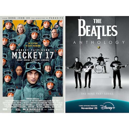 This combination of images shows promotional art for "Mickey 17," left, "The Beatles Anthology," center, and "Left Handed Girl." (Warner Bros. Pictures/Disney+/Netflix via AP)