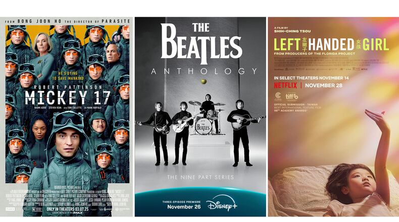 This combination of images shows promotional art for "Mickey 17," left, "The Beatles Anthology," center, and "Left Handed Girl." (Warner Bros. Pictures/Disney+/Netflix via AP)
