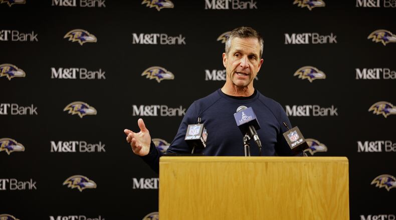 Baltimore Ravens head coach John Harbaugh speaks during a press conference after an NFL football game against the Green Bay Packers, Saturday, Dec. 27, 2025, in Green Bay, Wis. (AP Photo/Matt Ludtke)