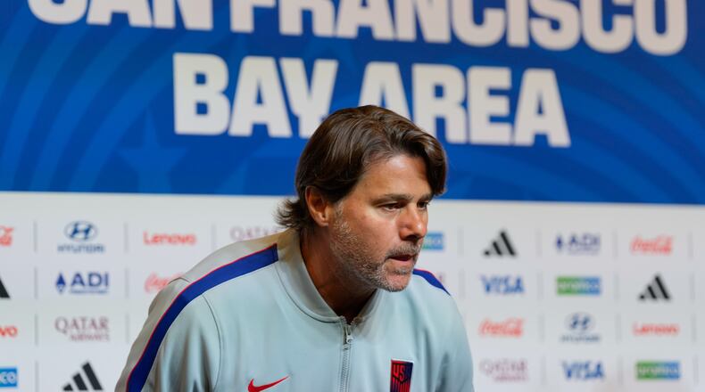 United States head coach Mauricio Pochettino attends a news conference ahead of the World Cup Round of 32 soccer match against Bosnia and Herzegovina, Tuesday, June 30, 2026, in Santa Clara, Calif. (AP Photo/Eugene Hoshiko)