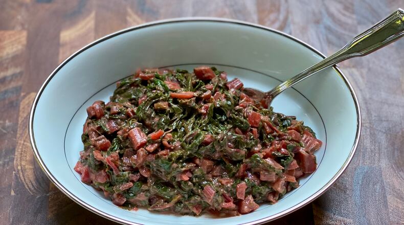 Vegan ingredients transform this creamy chard into a delicious, dairy-free dish. (Kellie Hynes for The Atlanta Journal-Constitution)