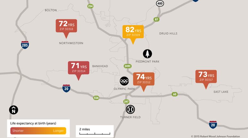 This map of varying life expectancy in metro Atlanta was prepared by the Virginia Commonwealth University’s Center on Society and Health.