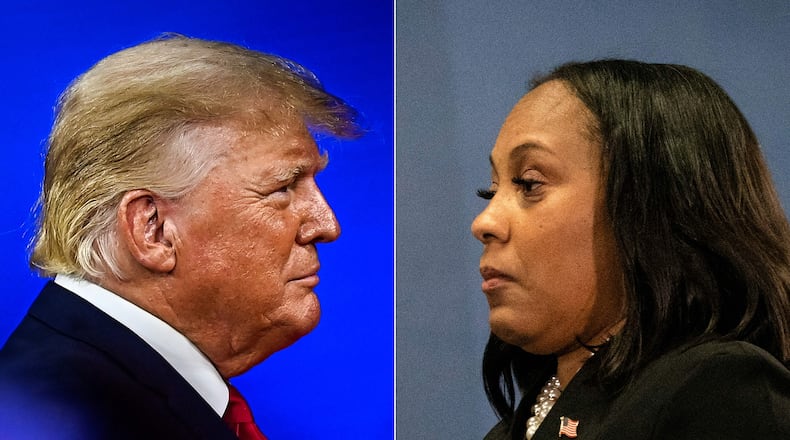 A combination of pictures created on Aug. 14, 2023, shows former President Donald Trump in Orlando, Florida, on Feb. 26, 2022, and Fulton County District Attorney Fani Willis on Aug. 14, 2023, in Atlanta. (Chandan Khanna/Christian Monterrosa/AFP/Getty Images/TNS)