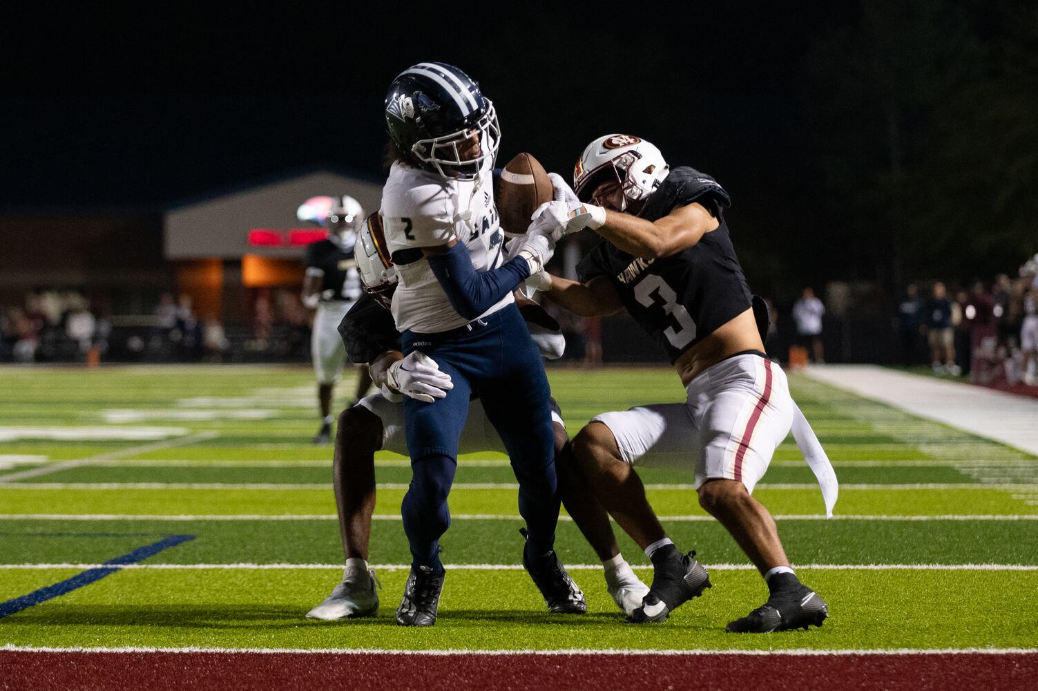 The Saints fumble the ball at the goal line during the Cedar Grove at Mill Creek HS football game, September 15, 2023. (Jamie Spaar for the Atlanta Jounal Constitution)