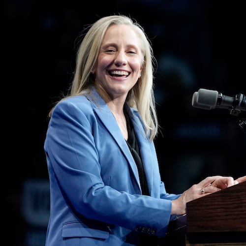 Virginia Democratic gubernatorial candidate Abigail Spanberger speaks during a campaign event with former President Barack Obama, Saturday, Nov. 1, 2025, in Norfolk, Va. (AP Photo/Steve Helber)