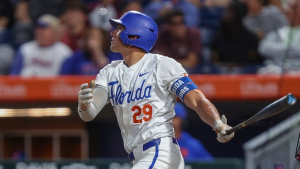 FILE- Florida catcher Brody Donay (29) bats during an NCAA baseball game against Florida State in Gainesville, Fla., Tuesday, April 8, 2025. (AP Photo/Gary McCullough, file)