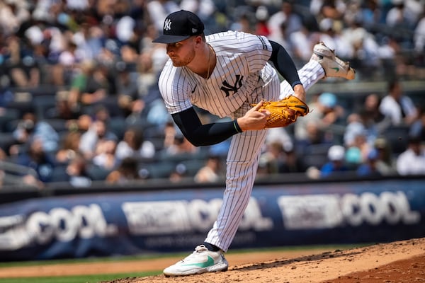 New York Yankees pitcher Clarke Schmidt (36) throws during the fifth inning of a baseball game against the Athletics, Saturday, June 28, 2025, in New York. (AP Photo/Angelina Katsanis)