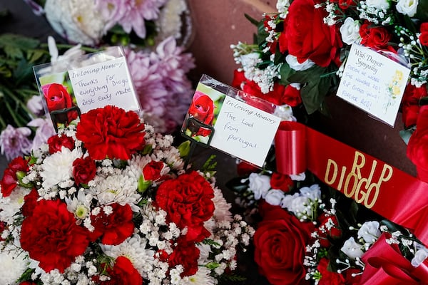 Tributes at Anfield Stadium, home of Liverpool, in memory of Liverpool player Diogo Jota, Thursday July 3, 2025. (Peter Byrne/PA via AP)