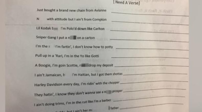 A copy of the profane rap lyrics sent home with 6th graders from a DeKalb County, Ga., middle school. The teacher who gave the homework assignment was suspended.