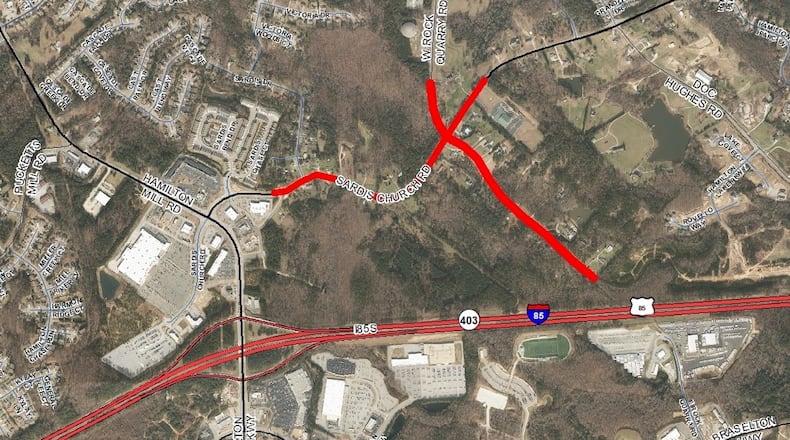 Gwinnett will install a roundabout at the intersection of Sardis Church Road and West Rock Quarry Road near the future Seckinger High School. (Courtesy Gwinnett County)
