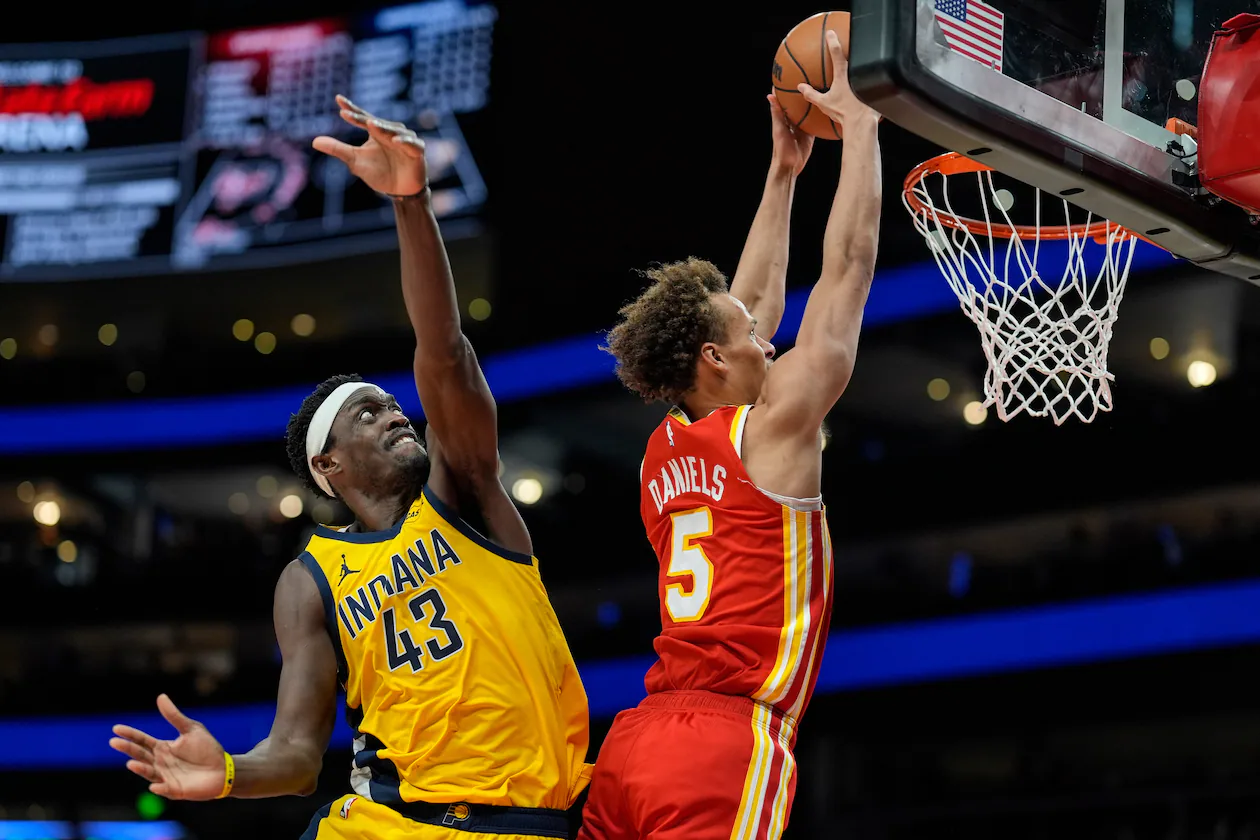 Atlanta Hawks guard Dyson Daniels (5) shoots agaimnst Indiana Pacers forward Pascal Siakam (43) during the second half of an NBA basketball game, Monday, Jan. 26, 2026, in Atlanta. (Mike Stewart/AP)