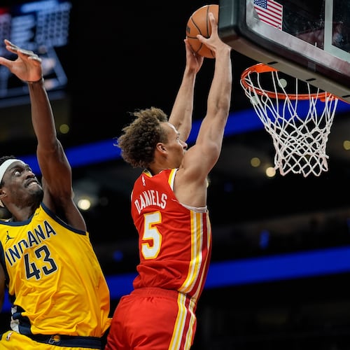 Atlanta Hawks guard Dyson Daniels (5) shoots agaimnst Indiana Pacers forward Pascal Siakam (43) during the second half of an NBA basketball game, Monday, Jan. 26, 2026, in Atlanta. (Mike Stewart/AP)