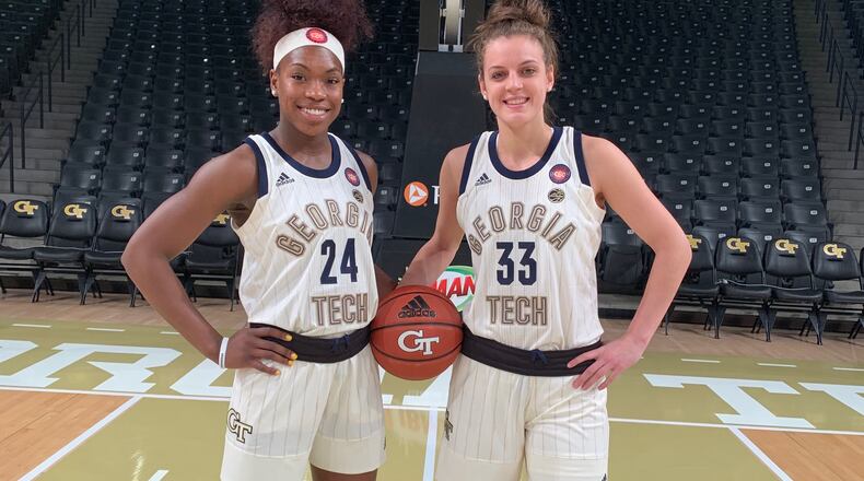 Georgia Tech 's Chanin Scott (left) and Francesca Pan model the alternate uniforms that their team and the men's team will wear this month to help celebrate Black History Month.