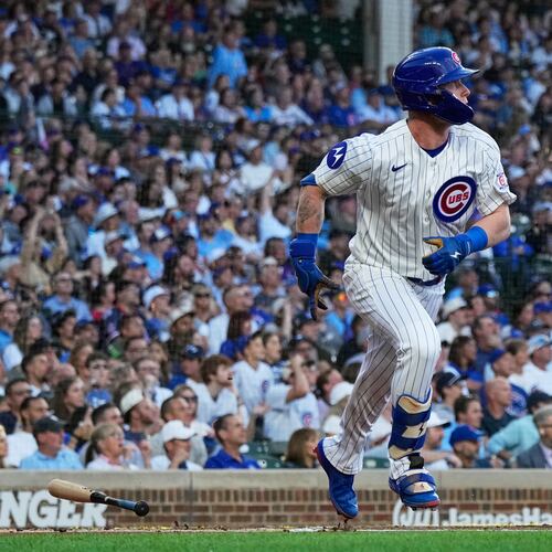 Chicago Cubs' Pete Crow-Armstrong watches his solo home run during the first inning of a baseball game against the Colorado Rockies in Chicago, Monday, June 15, 2026. (AP Photo/Nam Y. Huh)