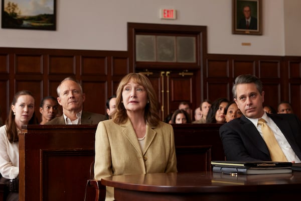 This image released by Blue Harbor Entertainment shows Patricia Clarkson as Lilly Ledbetter, center, in a scene from "Lilly." (Blue Harbor Entertainment via AP)