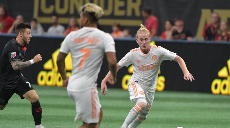 Atlanta United forward Andrew Carleton (30) works the ball during the first half in a MLS soccer game at Mercedes-Benz Stadium on Saturday, July 21, 2018. HYOSUB SHIN / HSHIN@AJC.COM