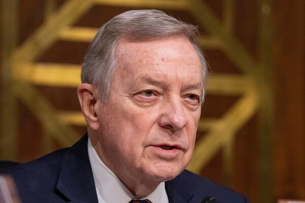 FILE - Sen. Dick Durbin, D-Ill., speaks during a hearing of the Senate Appropriations Committee, on Capitol Hill, Wednesday, Nov. 8, 2023, in Washington. (AP Photo/Alex Brandon, File)
