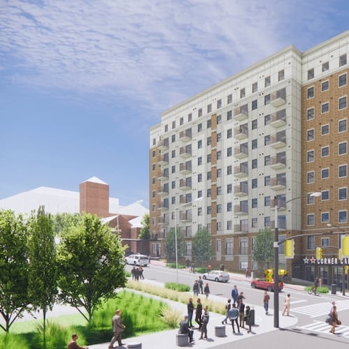 This is a rendering of the 10-story, 218-unit Trinity Central Flats affordable housing building being built directly across from Atlanta City Hall. The building is expected to provide workforce housing for employees, with an average rent of $1,350. (Courtesy of Radiant Development Partners)