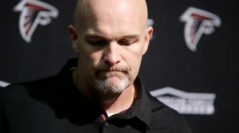 Atlanta Falcons head coach Dan Quinn speaks to the media following an NFL football game against the New England Patriots, Monday, Oct. 23, 2017, in Foxborough, Mass. (AP Photo/Steven Senne)