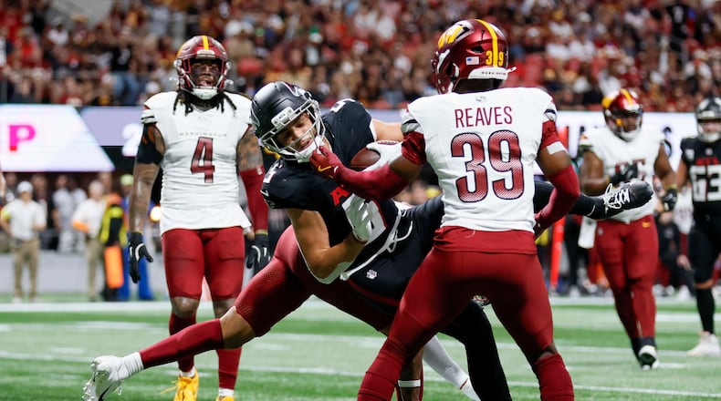 Atlanta Falcons wide receiver Drake London is questionable for Sunday's game because of a back injury and illness. (Miguel Martinez/AJC)