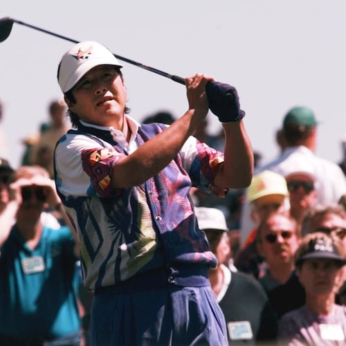 FILE - Japan's Jumbo Ozaki watches his tee shot on the third hole during his opening round of the Masters at the Augusta National Golf Club in Augusta, Ga., April 10, 1997. (AP Photo/Bill Waugh, File)