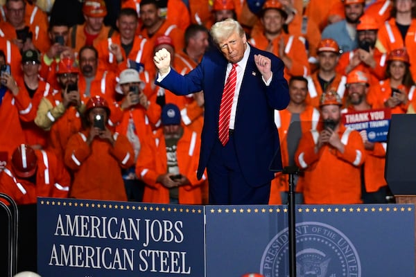 President Donald Trump dances after speaking at the U.S. Steel Mon Valley Works-Irvin plant, Friday, May 30, 2025, in West Mifflin, Pa. (AP Photo/David Dermer)