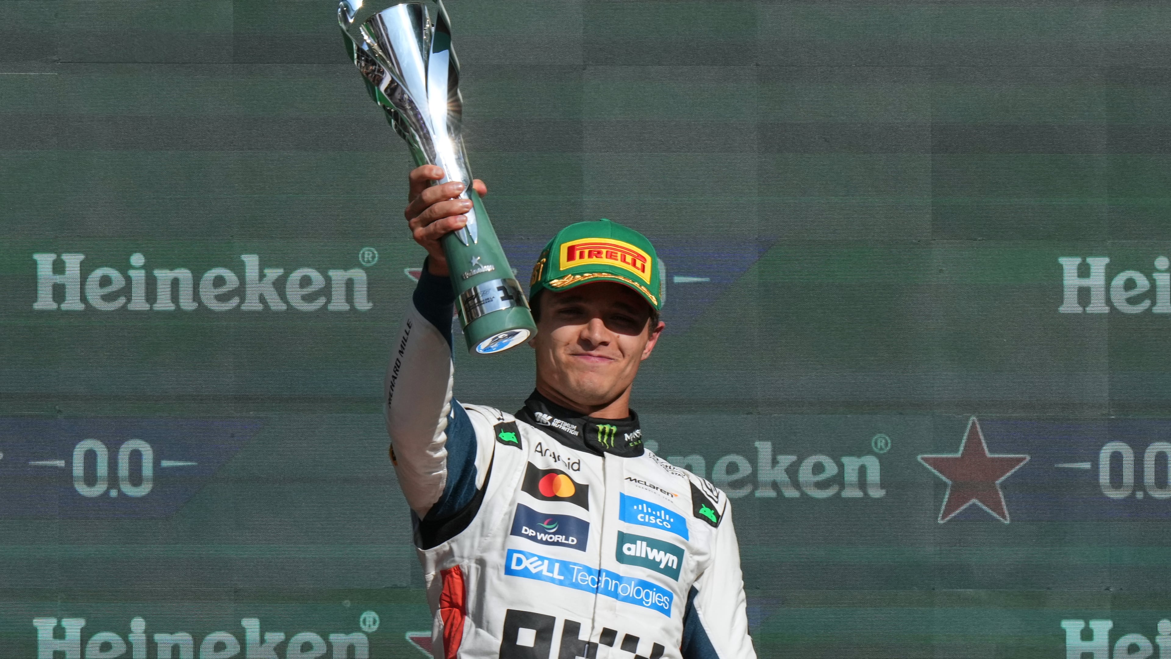 McLaren driver Lando Norris of Britain celebrates after winning the Formula One Mexico Grand Prix in Mexico City, Sunday, Oct. 26, 2025. (AP Photo/Fernando Llano)
