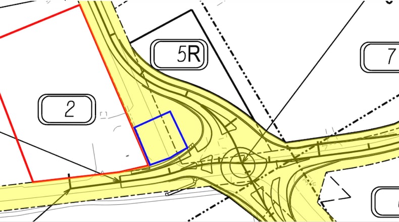 Milton recently approved an agreement with Bloom General Store that will allow the doughnut and coffee shop to use land owned by the city for outdoor dining. The yellow shading shows the right of way owned by the city. The blue outline shows the portion of the right of way that Bloom General Store has requested to use for outdoor tables and chairs, picnic tables, and benches. (Courtesy City of Milton)