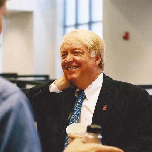 Then-University of Georgia President Michael Adams speaks with Greg Bluestein at the Athens headquarters of The Red & Black student newspaper in 2003. (Provided by Greg Bluestein)