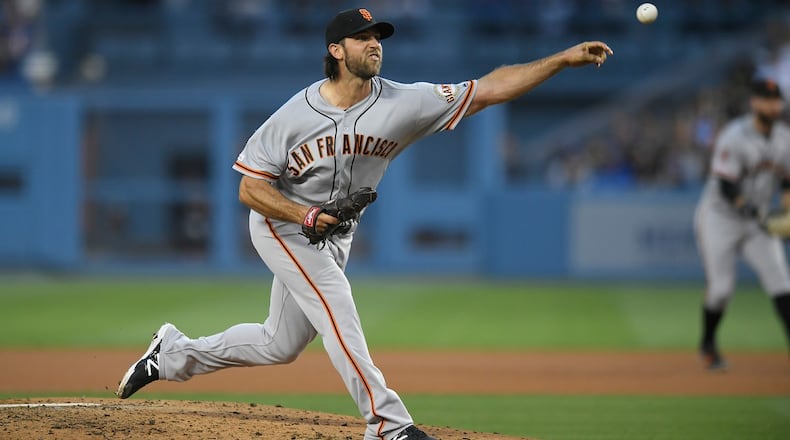 Madison Bumgarner of the San Francisco Giants pitches against the Los Angeles Dodgers at Dodger Stadium on June 20, 2019 in Los Angeles. (Photo by John McCoy/Getty Images)