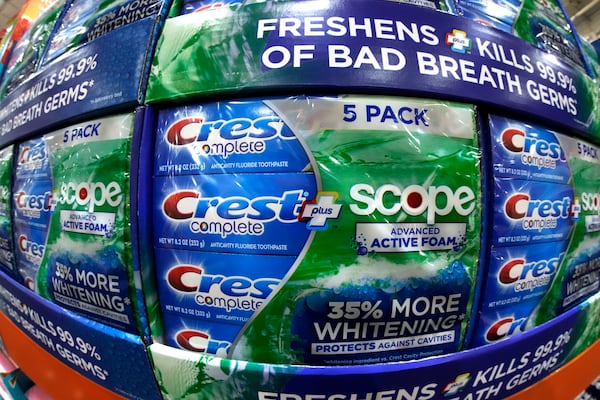 FILE - This is a display of Procter and Gamble Crest toothpaste in a Costco Warehouse in Pittsburgh on Thursday, Jan. 26, 2023. (AP Photo/Gene J. Puskar, File)
