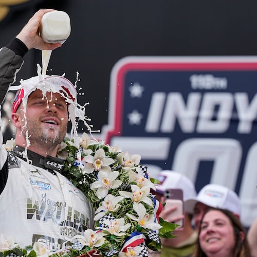Felix Rosenqvist, of Sweden, celebrates after winning the Indianapolis 500 auto race at Indianapolis Motor Speedway in Indianapolis, Sunday, May 24, 2026. (AP Photo/Michael Conroy)