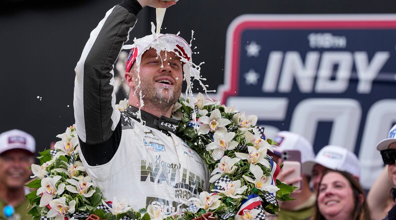 Felix Rosenqvist, of Sweden, celebrates after winning the Indianapolis 500 auto race at Indianapolis Motor Speedway in Indianapolis, Sunday, May 24, 2026. (AP Photo/Michael Conroy)